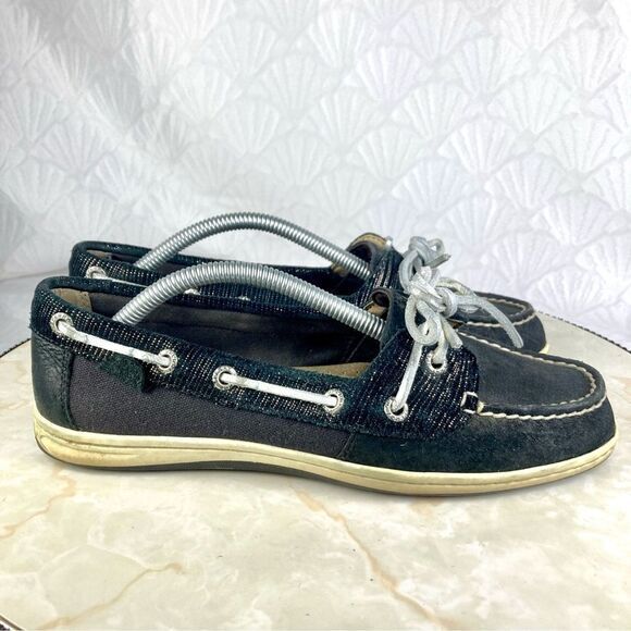 Sperry Shoes Women 7 Black Leather Classic Nautical Driving Slip On Boat Loafers - Picture 2 of 10